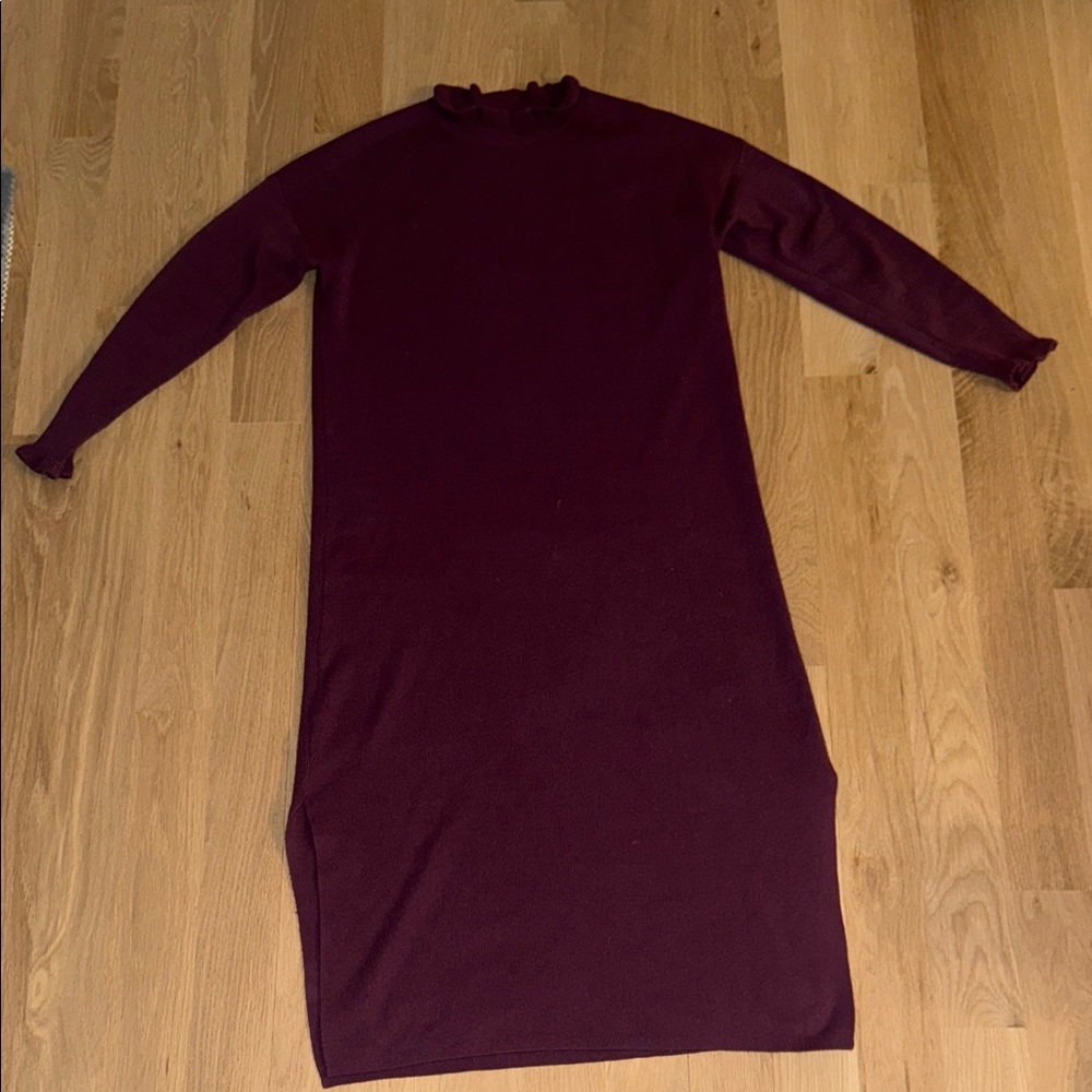 LOFT Plum Ribbed Midi Dress with Ruffle Neck - Picture 1 of 4